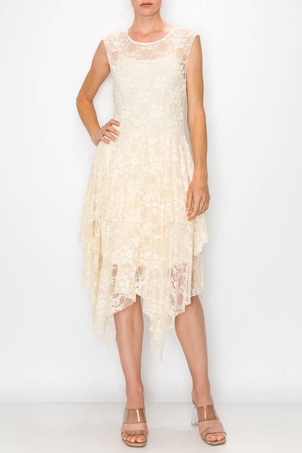 Whimsical Sleeveless Lace Midi Dress With Unattached Slip - Beige