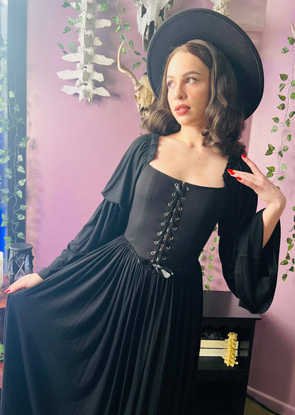 Lilith - Cottage Goth Lace Up Jersey Dress