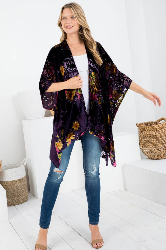 Vintage Flowery Print Velvet Kimono