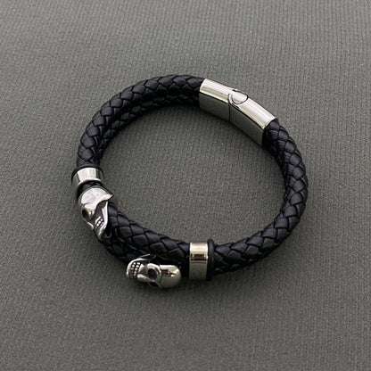 Double Skull Men's Charm Leather Bracelet