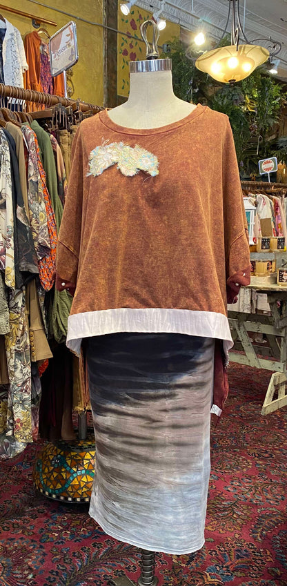 Floral Appliques Orange Mineral Wash Zenana Tunic - Alicia Hollingsworth*