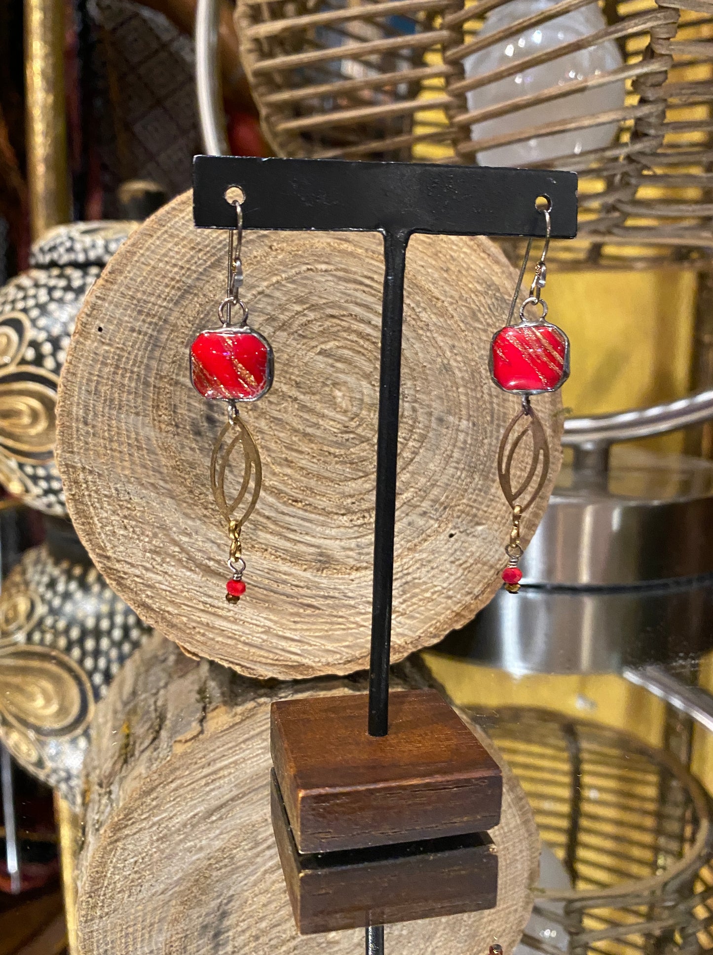 Vintage Glass & Brass Chain Earrings - Marbled Red