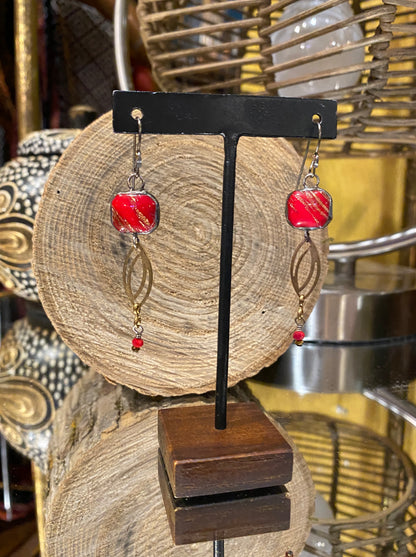 Vintage Glass & Brass Chain Earrings - Marbled Red