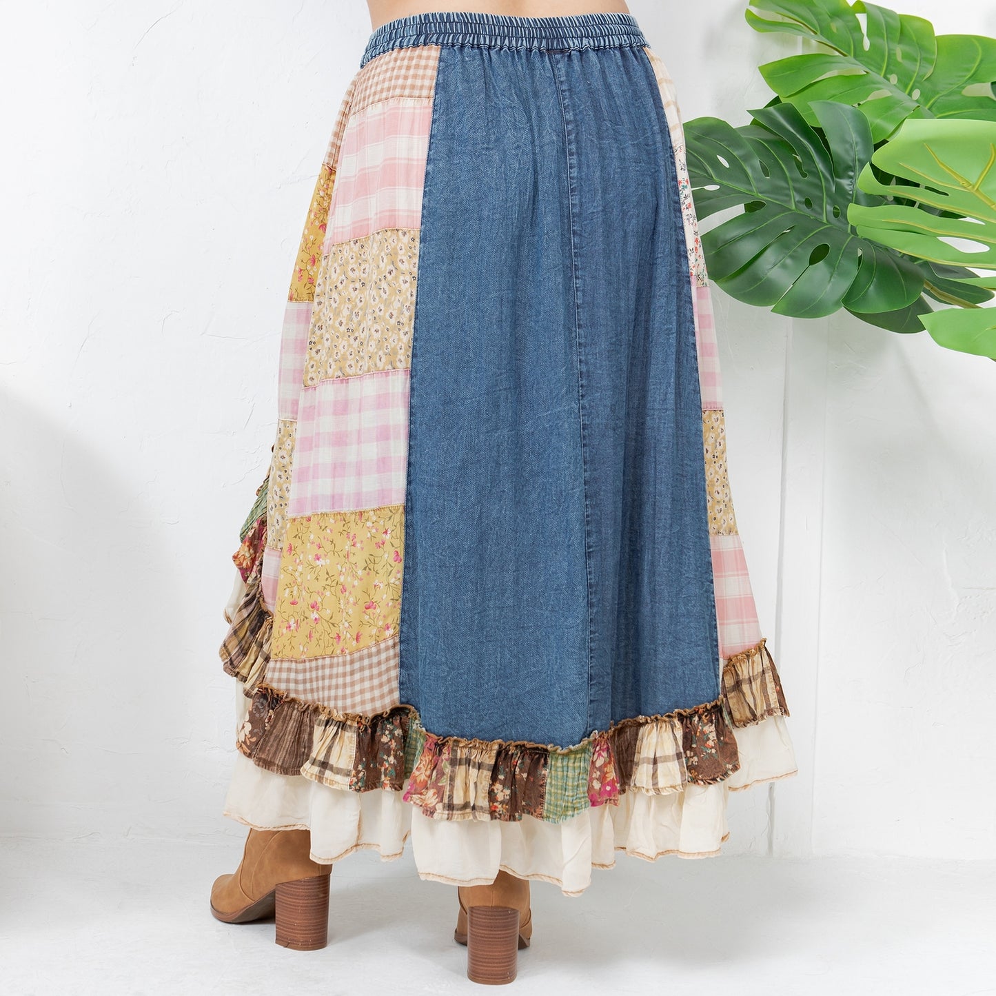 Curve Patchwork Midi Skirt - Denim
