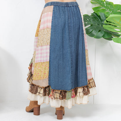 Curve Patchwork Midi Skirt - Denim