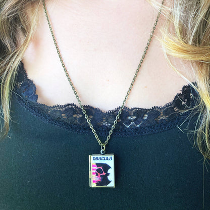 Book Locket Dracula - White with Bat Skull - Bronze