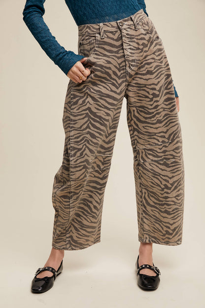 Zebra Print Barrel Jeans - Mocha