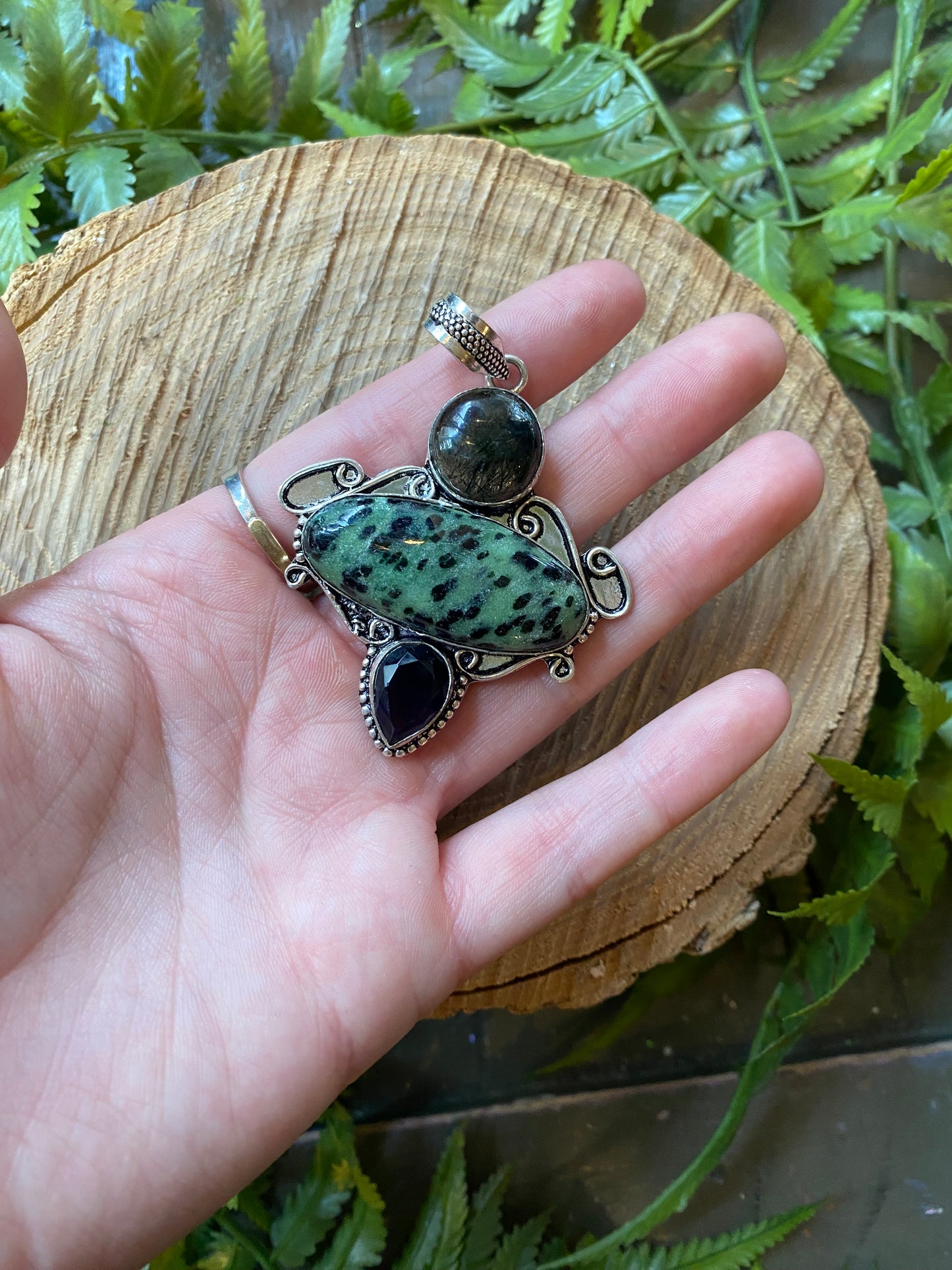 Green Jasper Smokey Quartz Amethyst Pendant