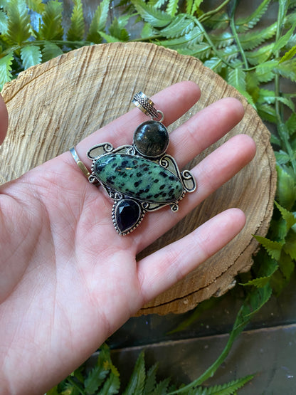 Green Jasper Smokey Quartz Amethyst Pendant