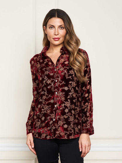 Velvet Burnout Button Front Shirt - Burgundy