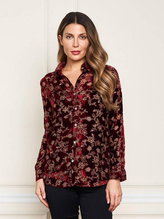 Velvet Burnout Button Front Shirt - Burgundy