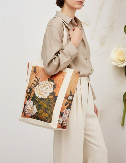 JCB15-01 Orange-Beige Peony Luxury Thick Canvas Tote with Side Panel