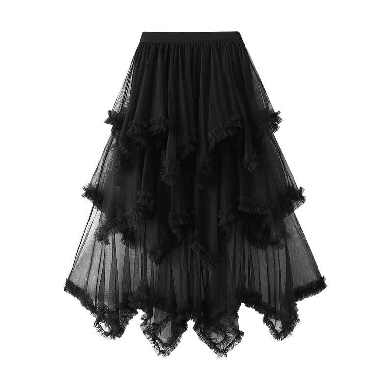 Layered Mesh High Waist Skirt - Black