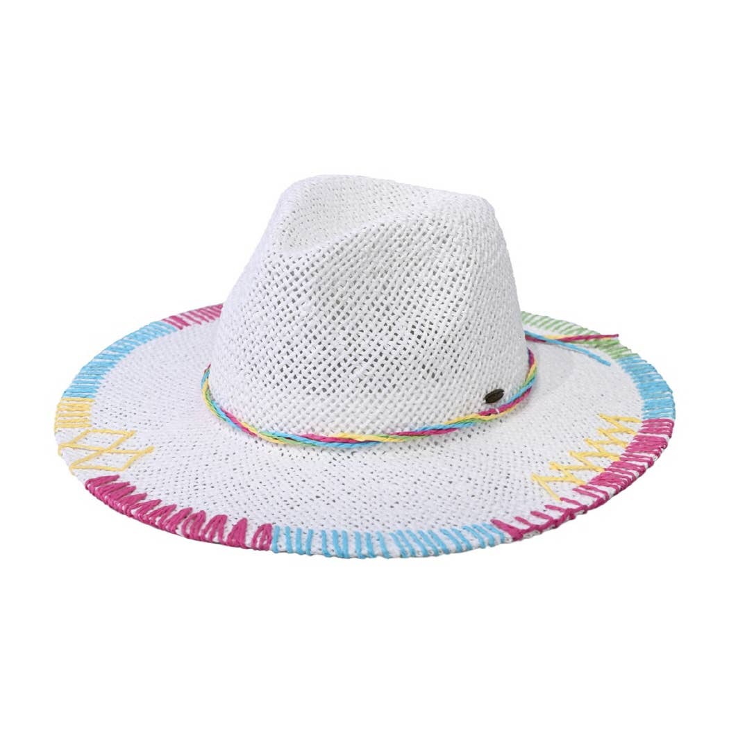 Multi-Colored Stitched Brim Panama Hat - White