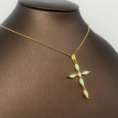 Cat's Eye stone Inlaid Cross 18K Golden SS Necklace - FGS