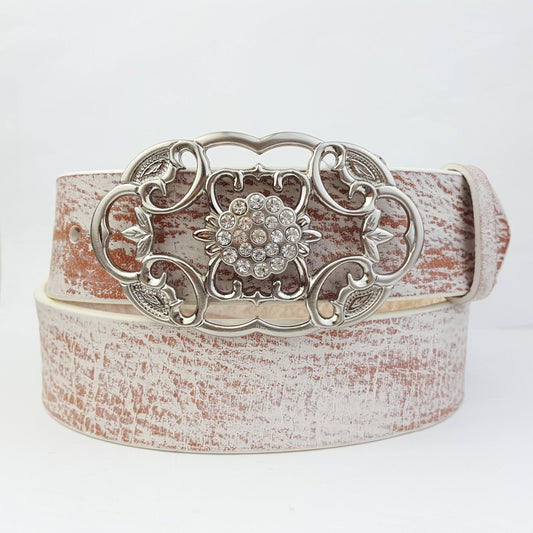 Genuine Leather belt w. Shiny Silver Oval Floral Buckle - Vintage White / M/L