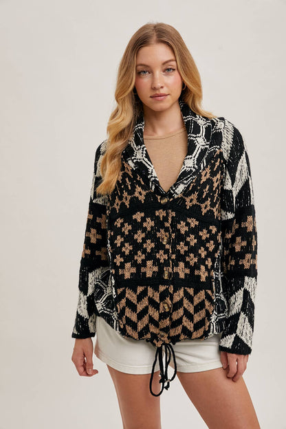 Button Down Knit Sweater Cardigan - Black/Brown