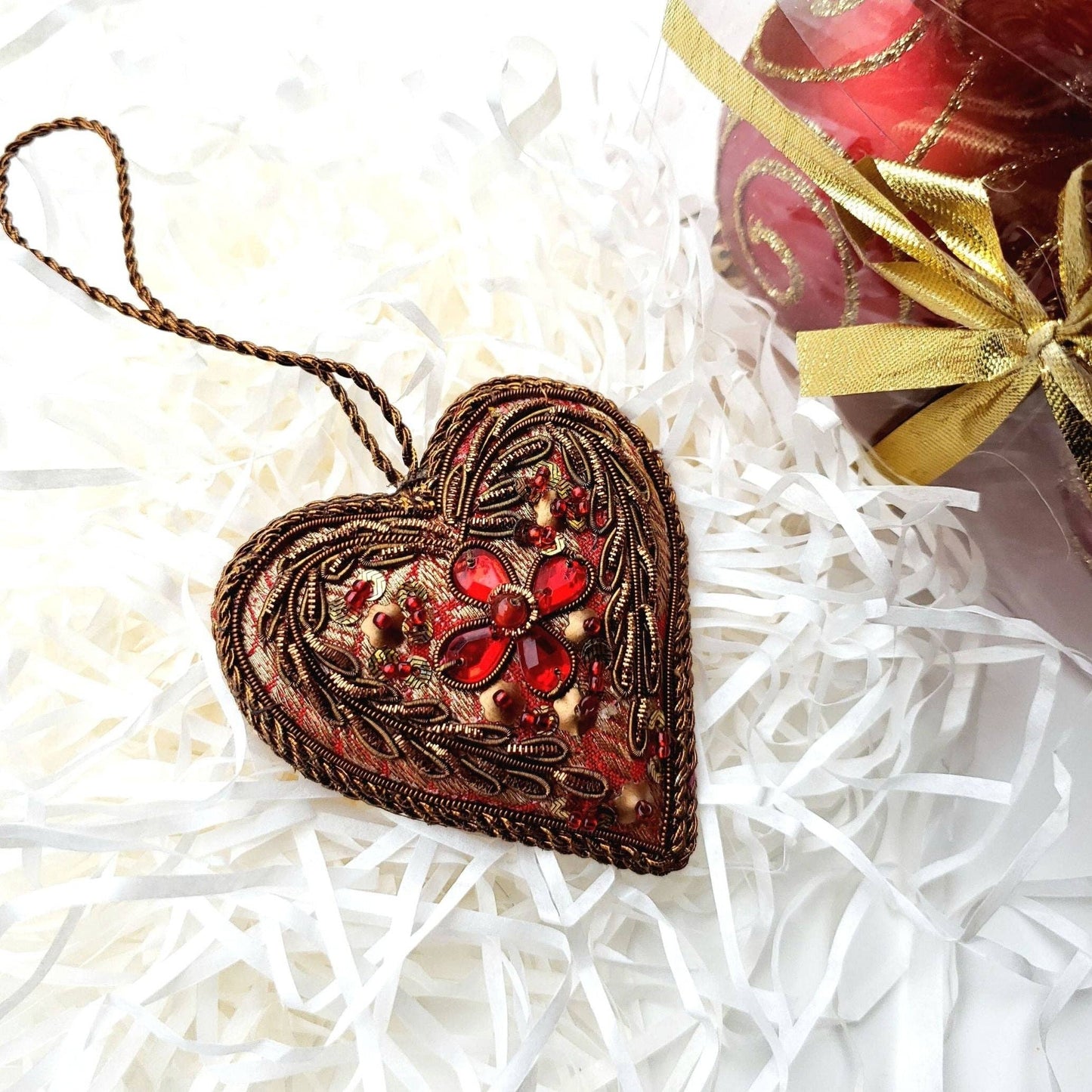 Embroidered Red Heart Christmas Ornament