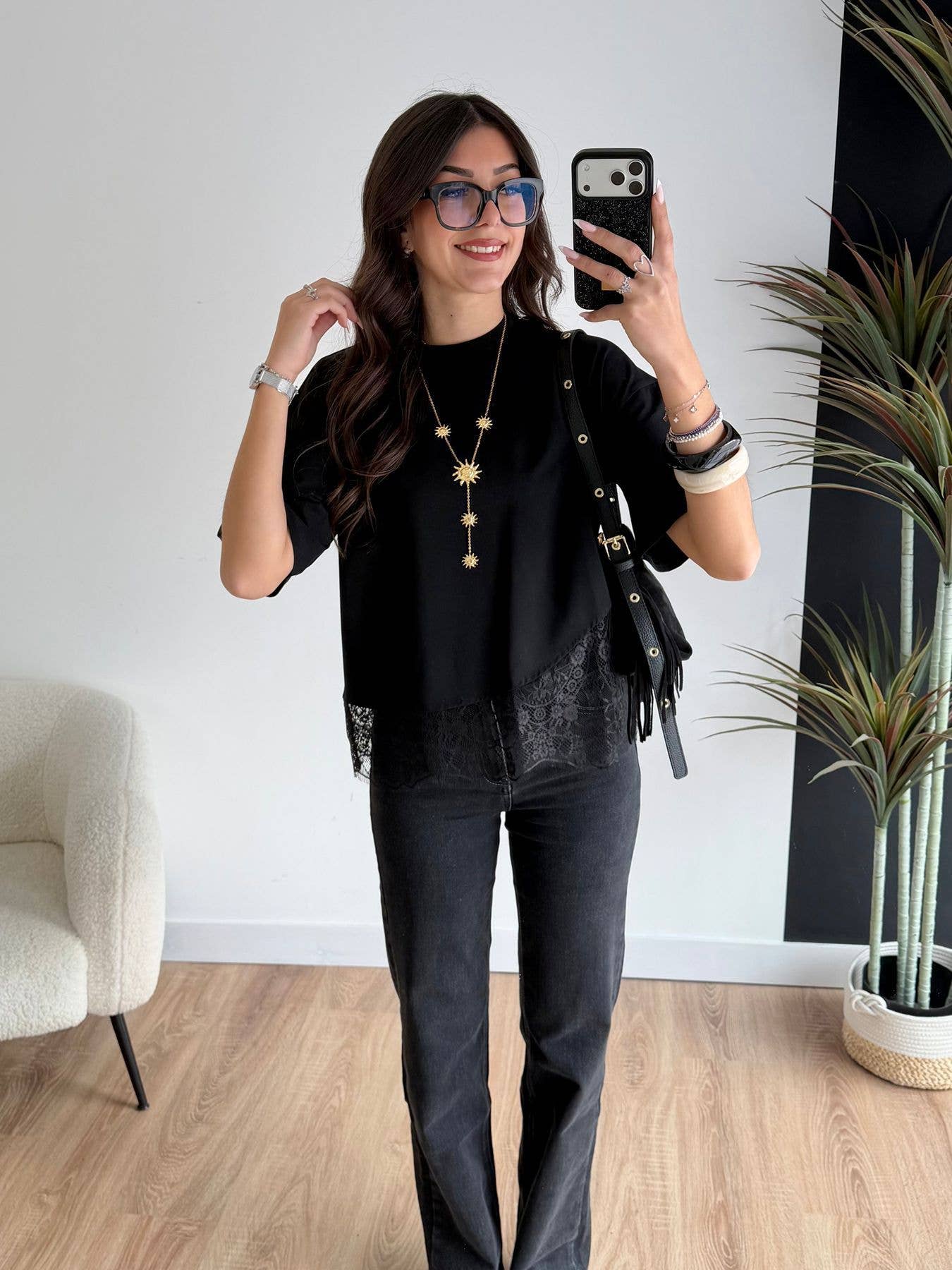 Lace Trim Relaxed Fit Crew Neck Top