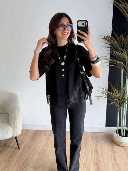Lace Trim Relaxed Fit Crew Neck Top