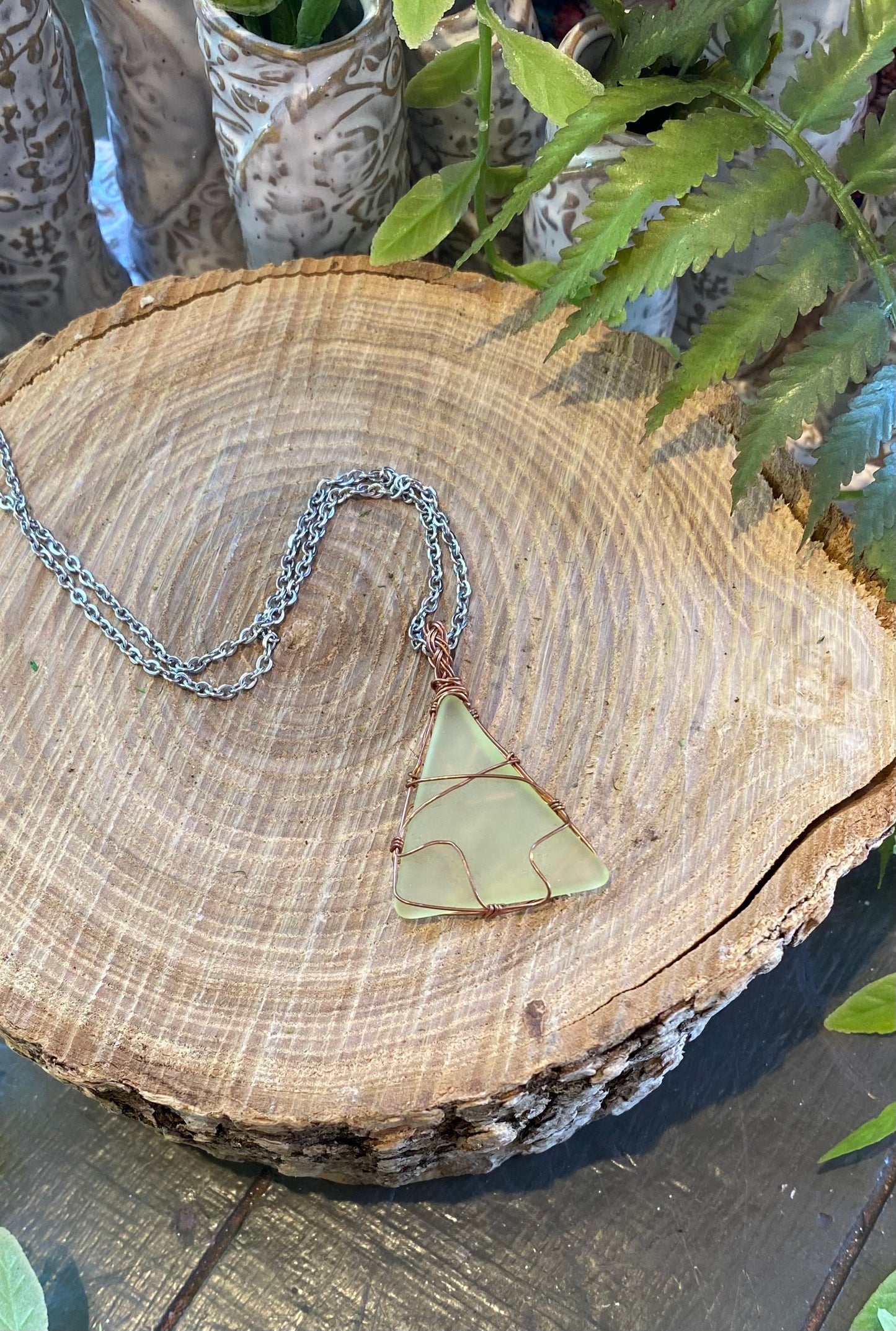 Bronze/Copper Wrapped Uranium Glass Necklace #IV116