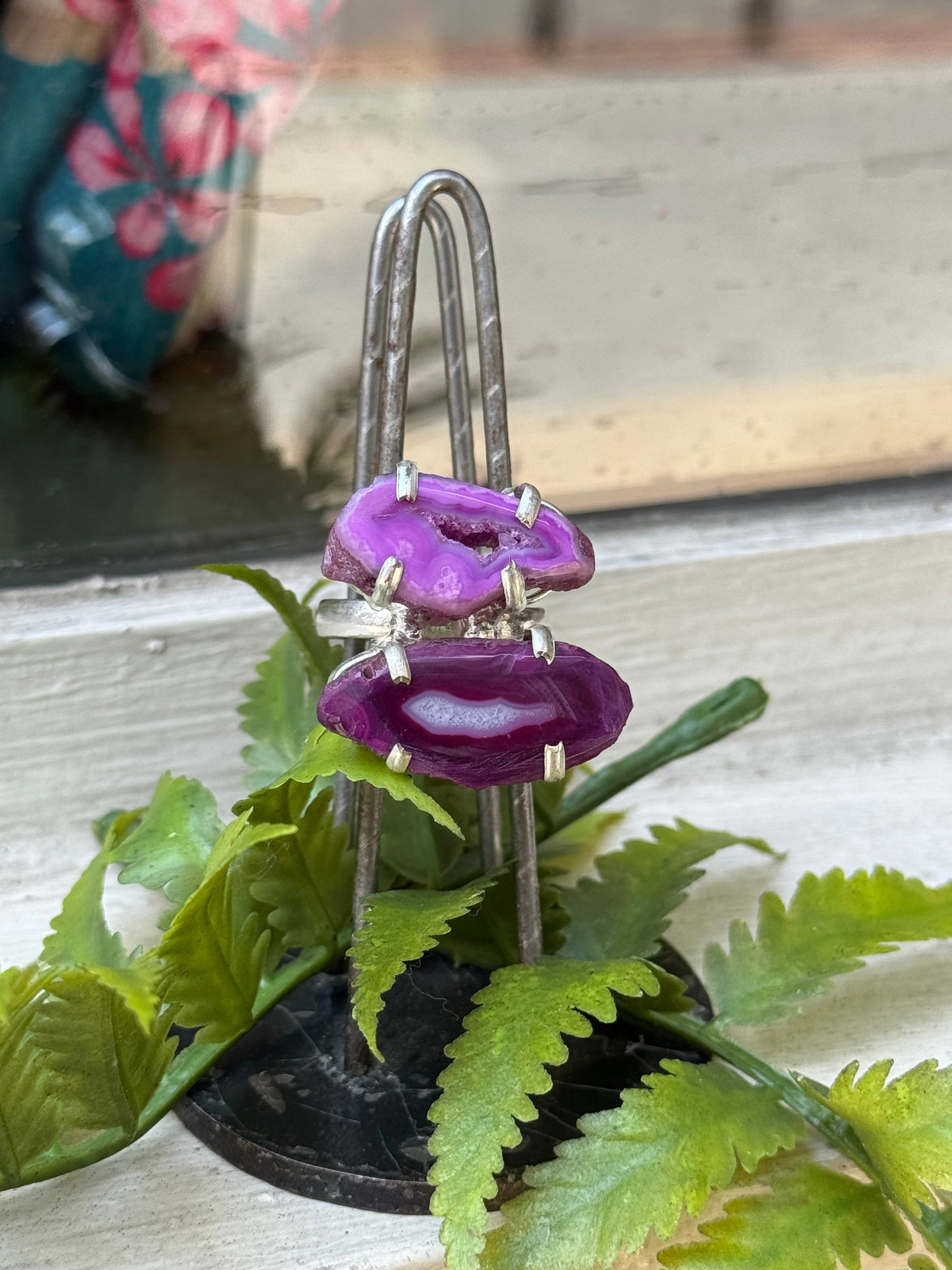 Double Fuchsia Agate Slice Silver Ring
