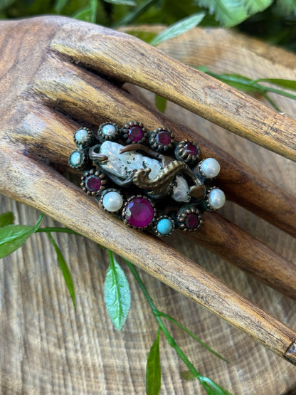 Pearl, Ruby & Turquoise Seahorse Ring