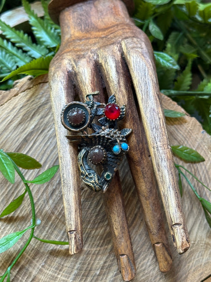 Winged Snake with Ruby, Turq, Emerald & Mocha Stone Ring