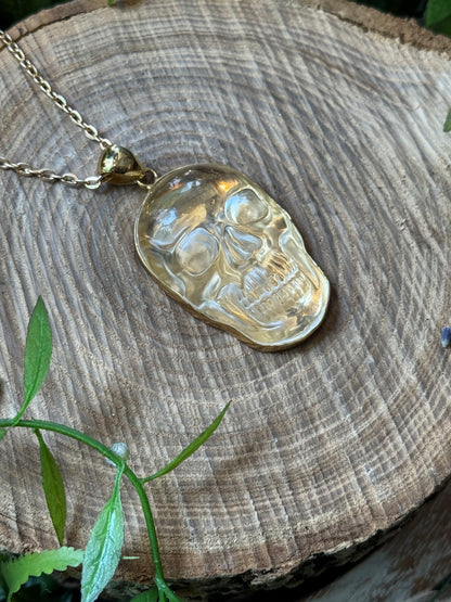 Clear Quartz Golden Skull Necklace