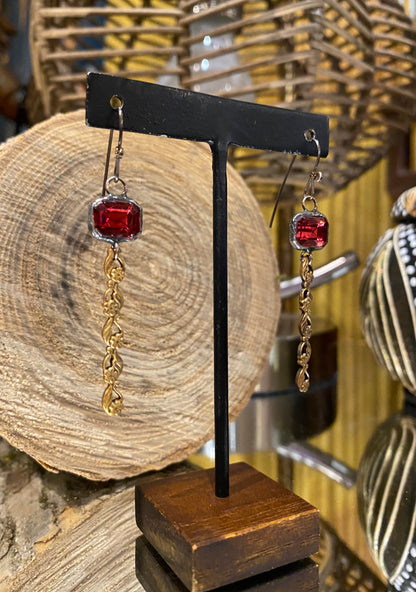 Fuschia Rhinestone & Brass Floral Earrings