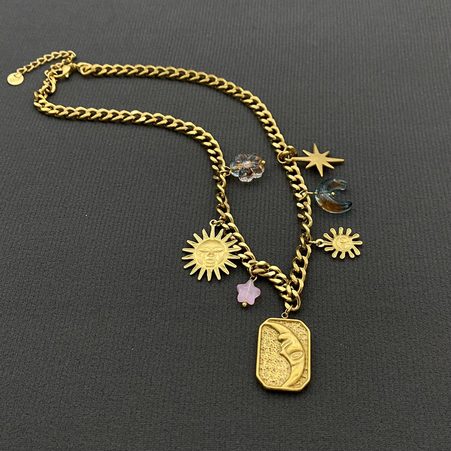 Sun Moon Star 18K Gold Plated SS Charm Necklace