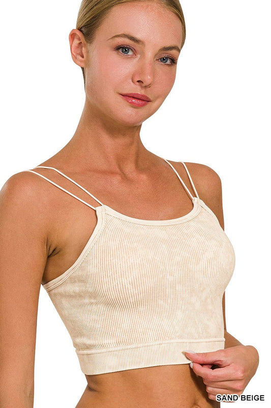 Washed Ribbed Seamless Double Strap Brami - Sand Beige