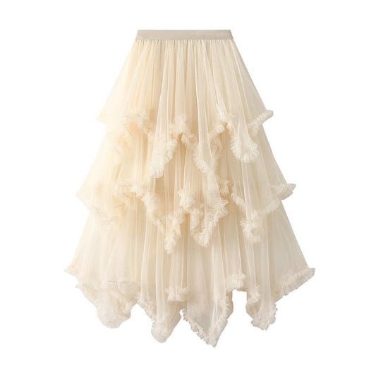 Layered Mesh High Waist Skirt - Cream