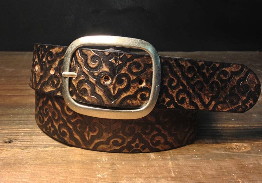 Aged Leather Embossed with Damask Pattern Snap Belt - Antique Silver