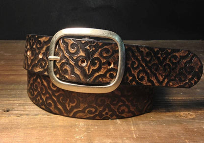Aged Leather Embossed with Damask Pattern Snap Belt - Antique Silver
