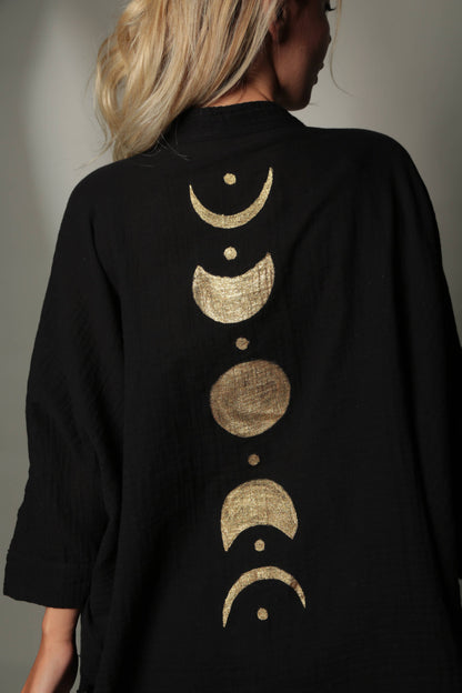 Black & Gold Moon Phases Muslin Kimono Robe / Poncho - Black