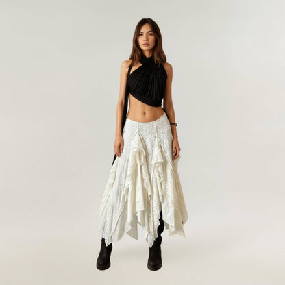 Asymmetrical Layered Lace Maxi Skirt - Light Beige