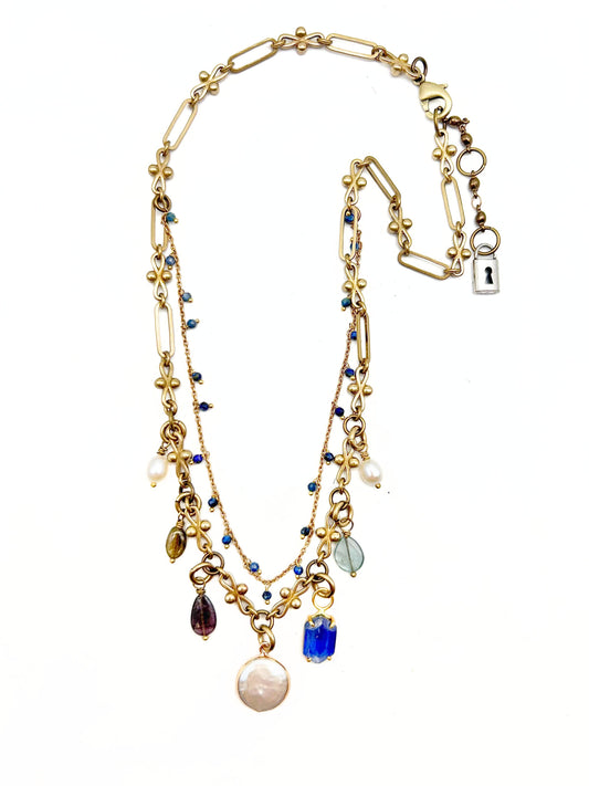 Double Strand Tourmaline & Pearl Charm Necklace - Garnet
