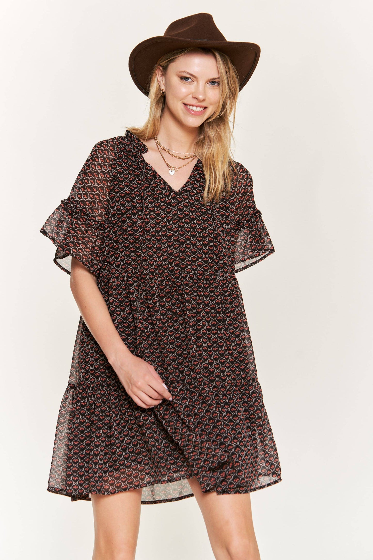PLUS Floral Print V-Neck Mini Dress - Black
