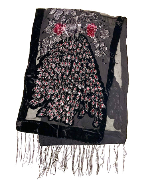 Peacock Velvet Scarf - Grey & Pink