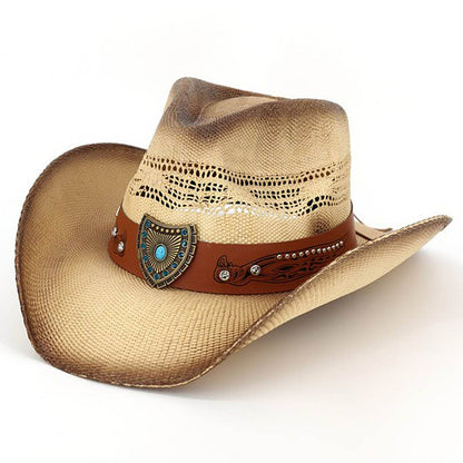 Vented Vintage Cowboy Straw Hat With Turquoise Concho