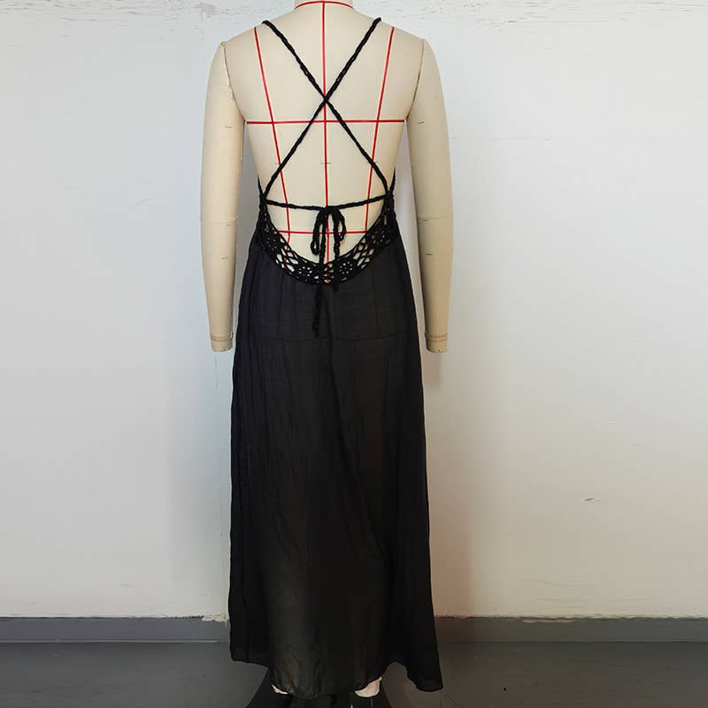 Crochet Backless Beach Dress - Black