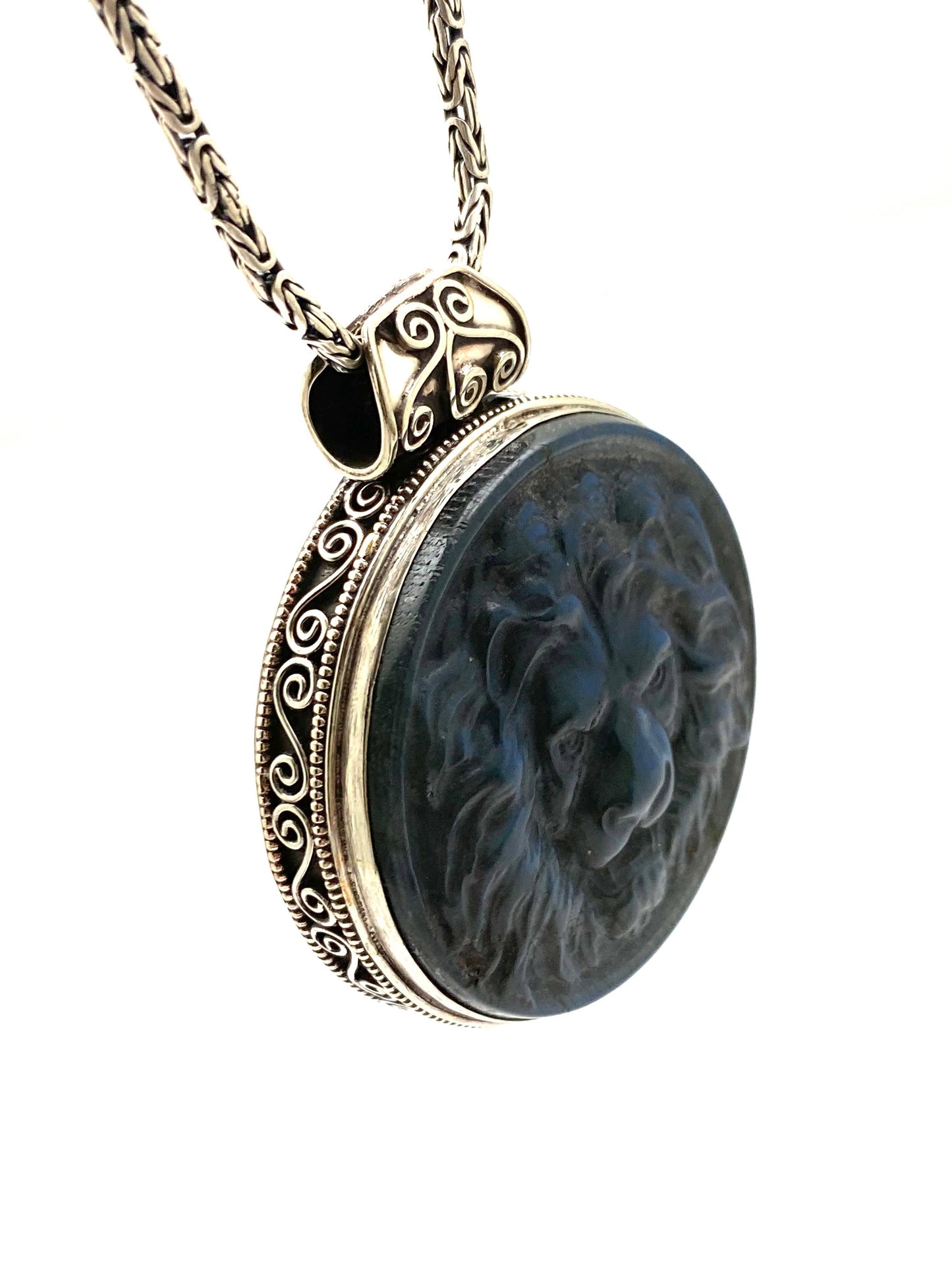 Labradorite carved lion pendant, handcrafted, white metal