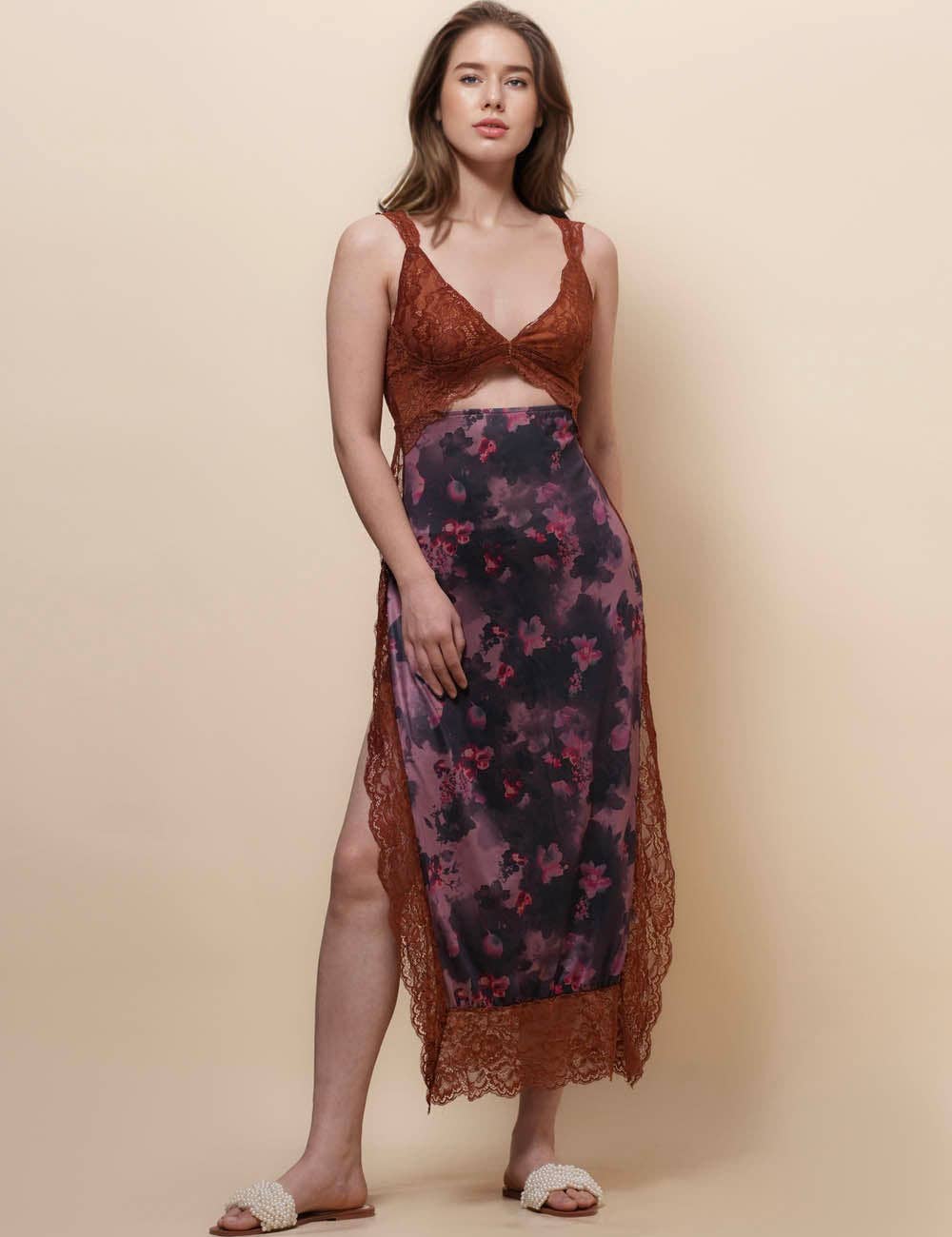 Lace See Through Midi Dress - Dark Brown