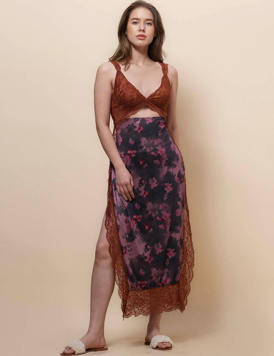 Lace See Through Midi Dress - Dark Brown