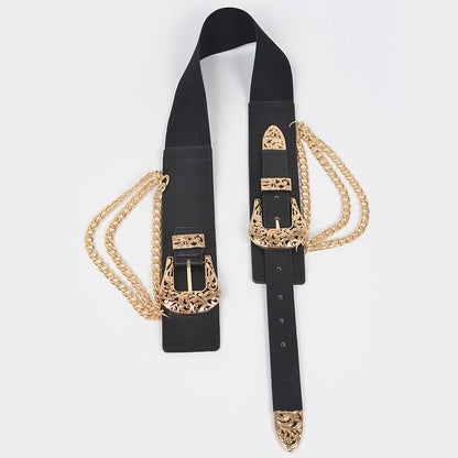 Multi Buckle Chain Layered Stretch Belt - Black/Gold
