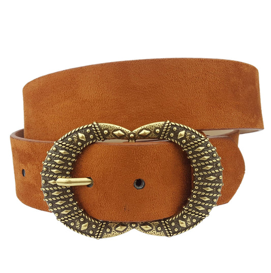 Western Vintage Brass Buckle/ Microfiber suede belt - Brown