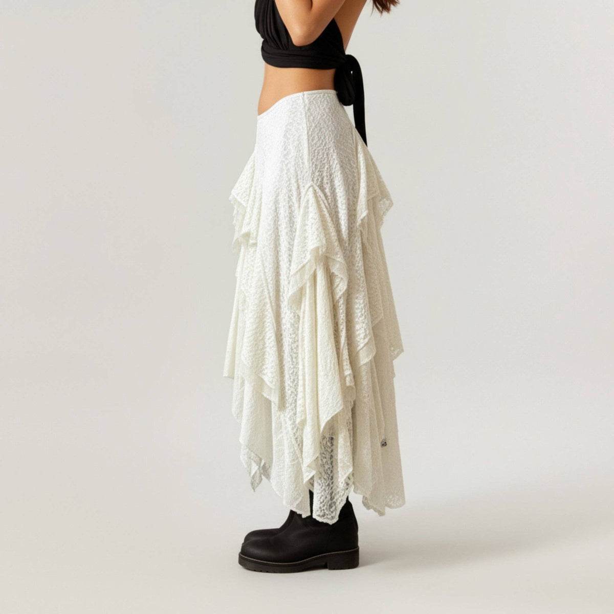 Asymmetrical Layered Lace Maxi Skirt - Light Beige