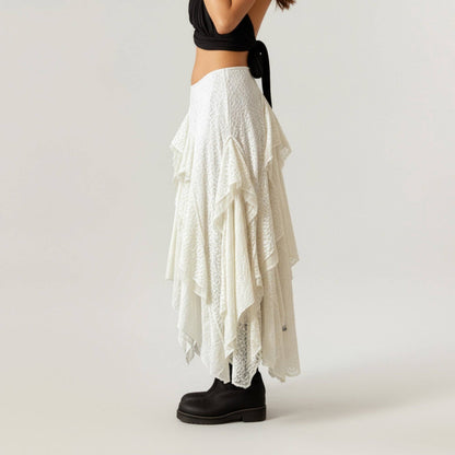 Asymmetrical Layered Lace Maxi Skirt - Light Beige