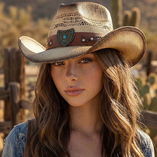 Vented Vintage Cowboy Straw Hat With Turquoise Concho
